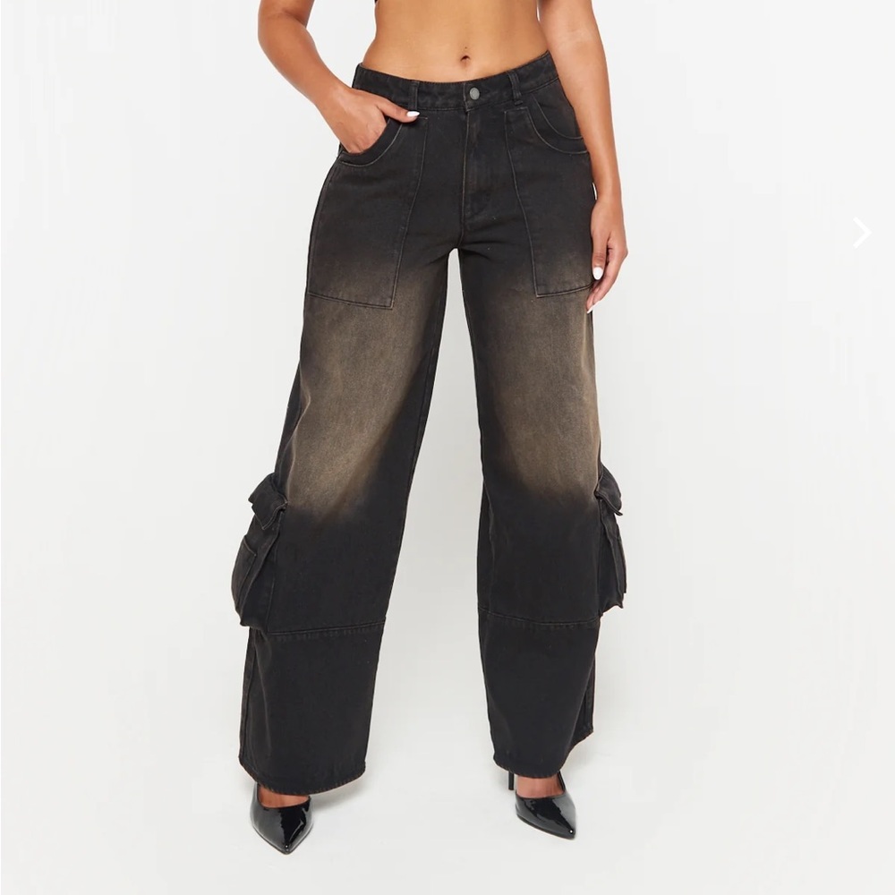 Luxe to kill black/brown wash oversized cargo jeans size uk 6